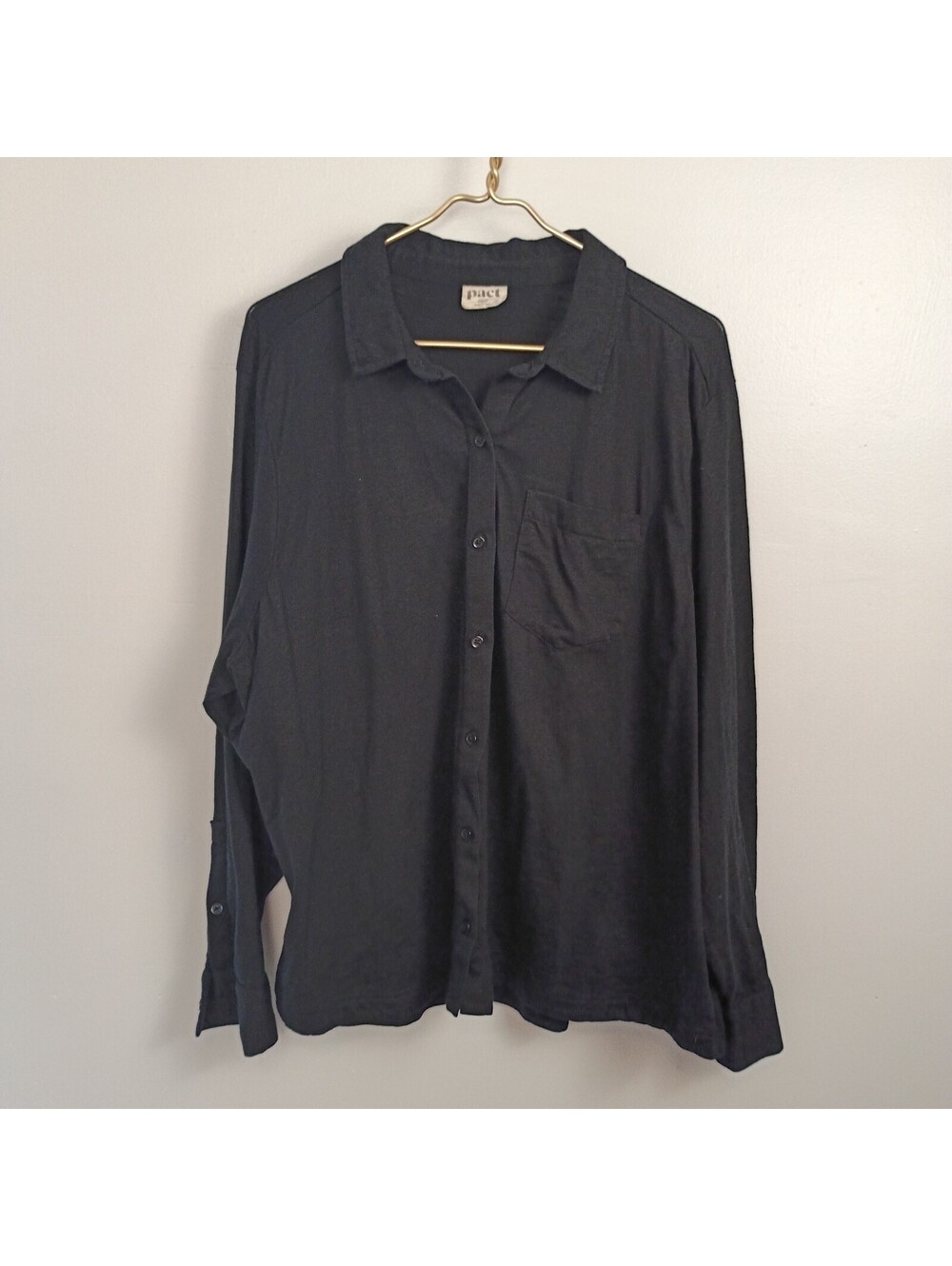 Pact Women’s Plus Organic Cotton Button Down Shirt Black Long Sleeve Blouse 3X